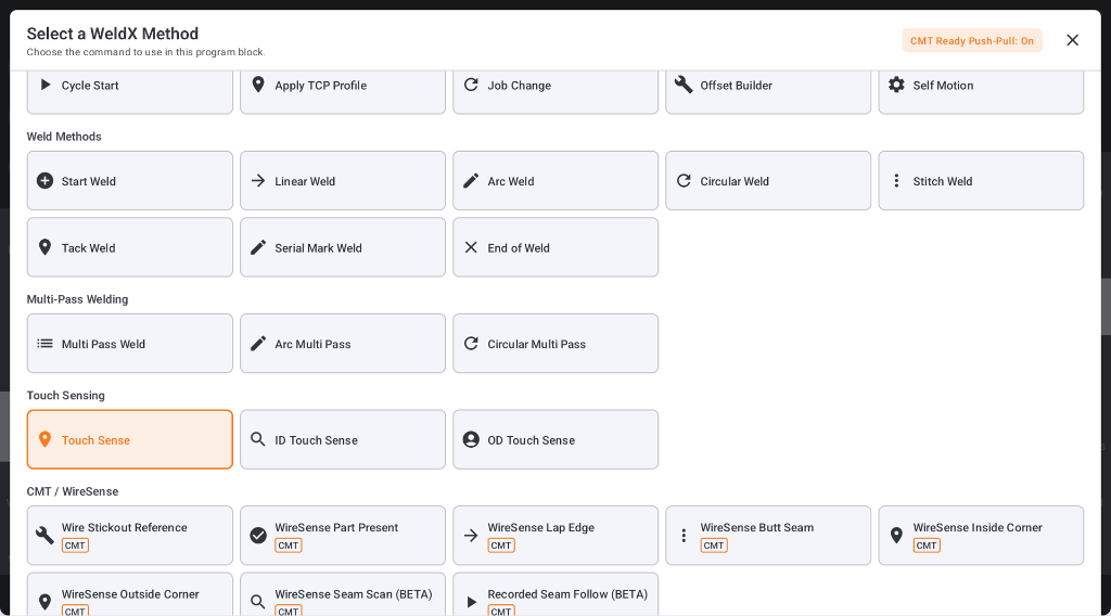 WeldX method-selection screen showing welding operations and a Job Change option